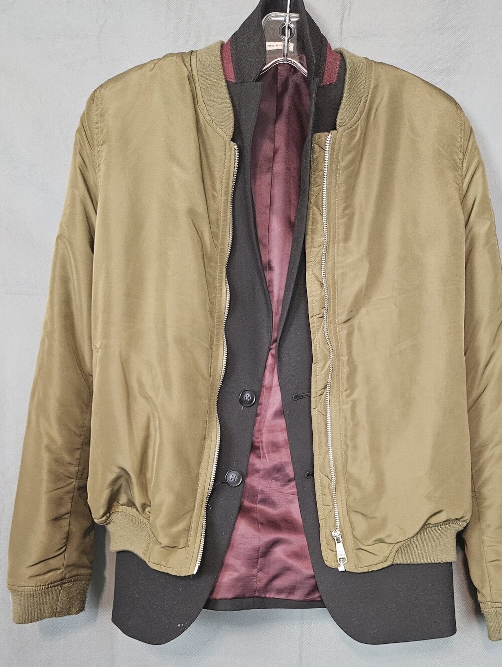 Vintage Wonens's Olive Bomber Jacket with Burgundy Lining